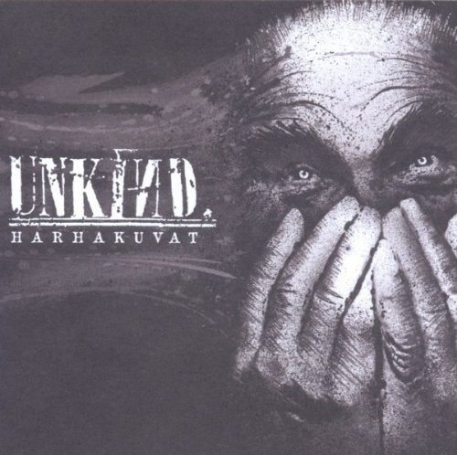 "Black and white album cover featuring a man's face with hands covering his mouth."
