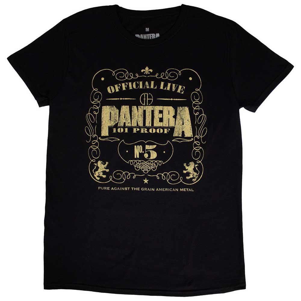 Man wearing a black t-shirt with gold Pantera band logo.