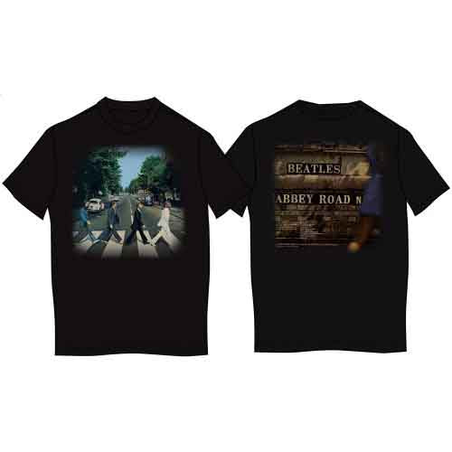 White t-shirt with Abbey Road album cover back print, worn by a man.