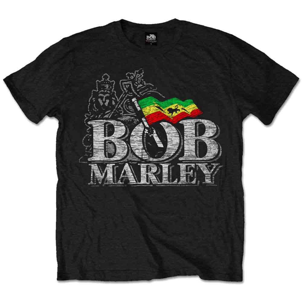 Black t-shirt with distressed Bob Marley graphic and text print.
