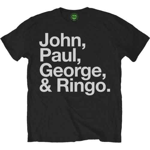 A man wearing a red t-shirt with John, Paul, George, and Ringo printed in black.