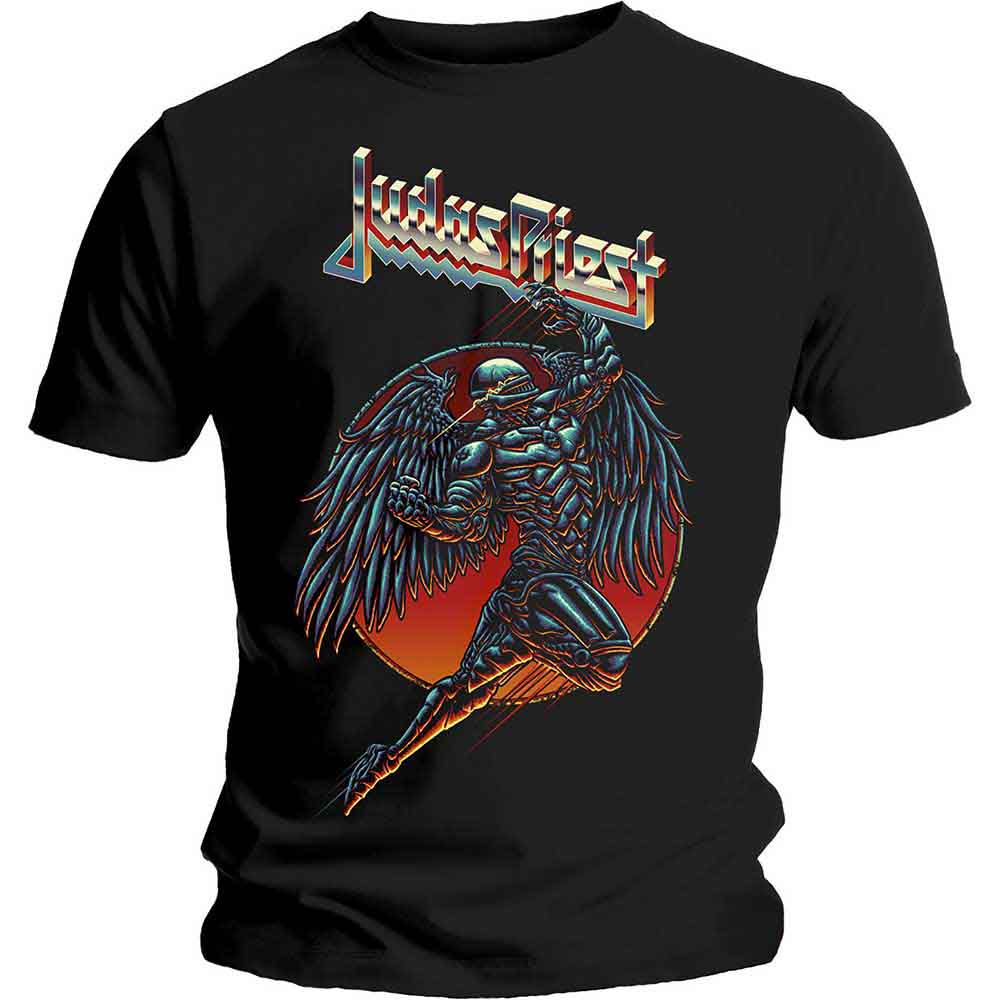 Black t-shirt with Judas Priest logo and armored winged figure graphic.
