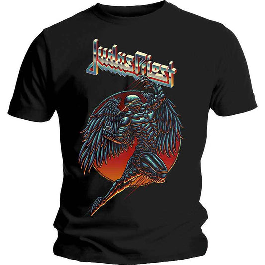 Black t-shirt with Judas Priest logo and armored winged figure graphic.
