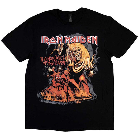 Black t-shirt with a colorful Iron Maiden album art graphic.