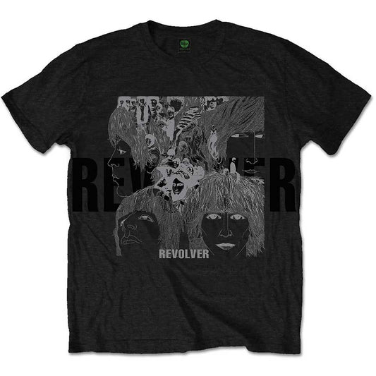 Man wearing a black t-shirt with a monochrome graphic print and text "REVOLVER".