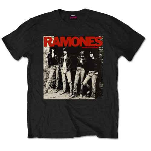 A man wearing a black Ramones Rocket to Russia graphic t-shirt and blue jeans.