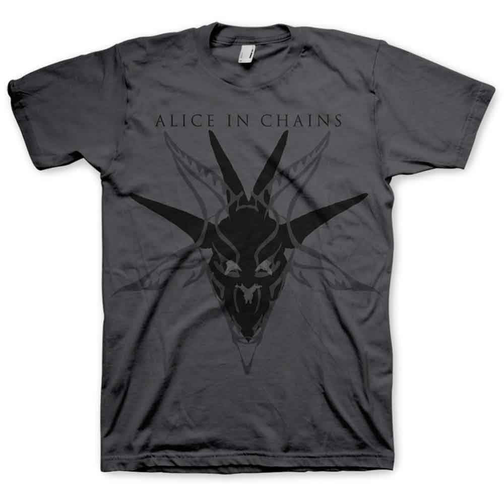 A man wearing a charcoal grey Alice in Chains t-shirt with a goat graphic.