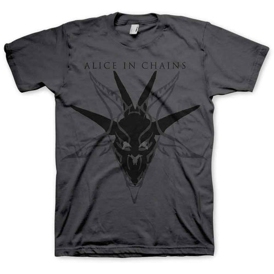 A man wearing a charcoal grey Alice in Chains t-shirt with a goat graphic.