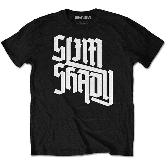 Black t-shirt with white, stylized "Slim Shady" text on the front.
