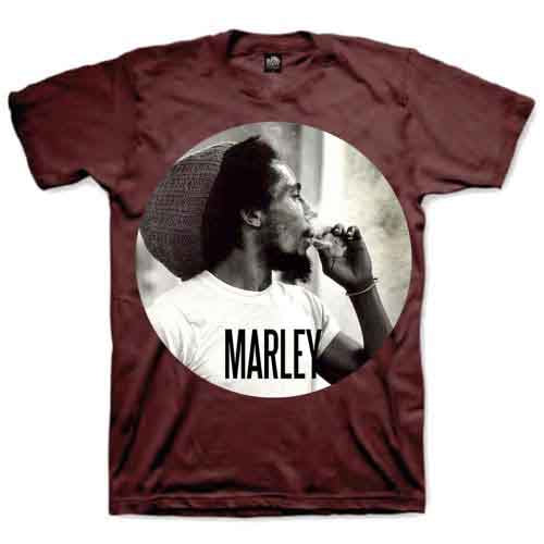 Dark red t-shirt with a black and white portrait of Bob Marley.