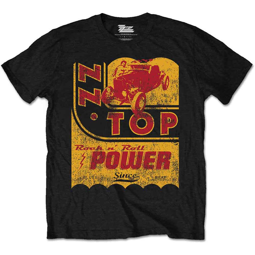 Black t-shirt with a yellow and red ZZ Top graphic print.