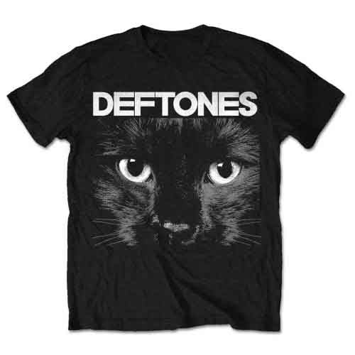 Black t-shirt featuring the word Deftones above a close-up graphic of a cat's face.