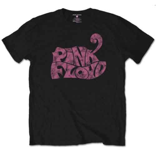 Black t-shirt with a distressed pink and purple Pink Floyd logo.