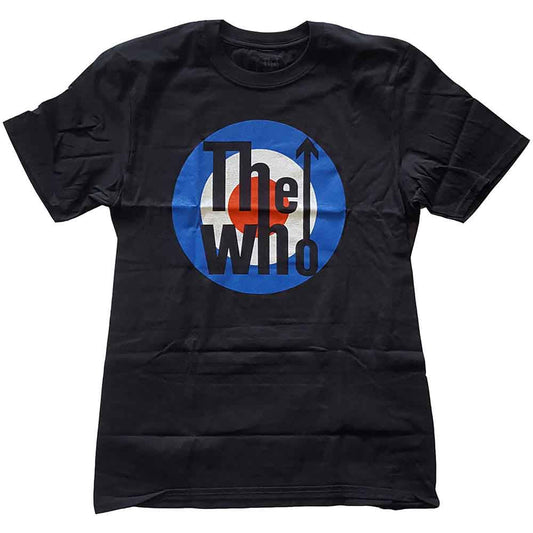 Black t-shirt with The Who’s target logo worn by a man.