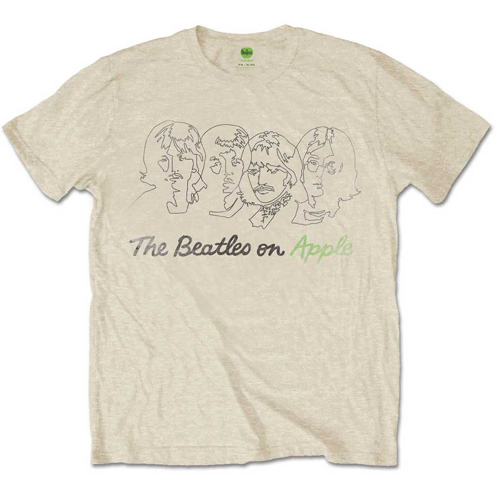 Beige t-shirt with black line drawings of The Beatles’ faces.