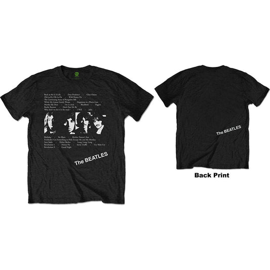 White t-shirt featuring Beatles portraits and song lists on front, logo on back.