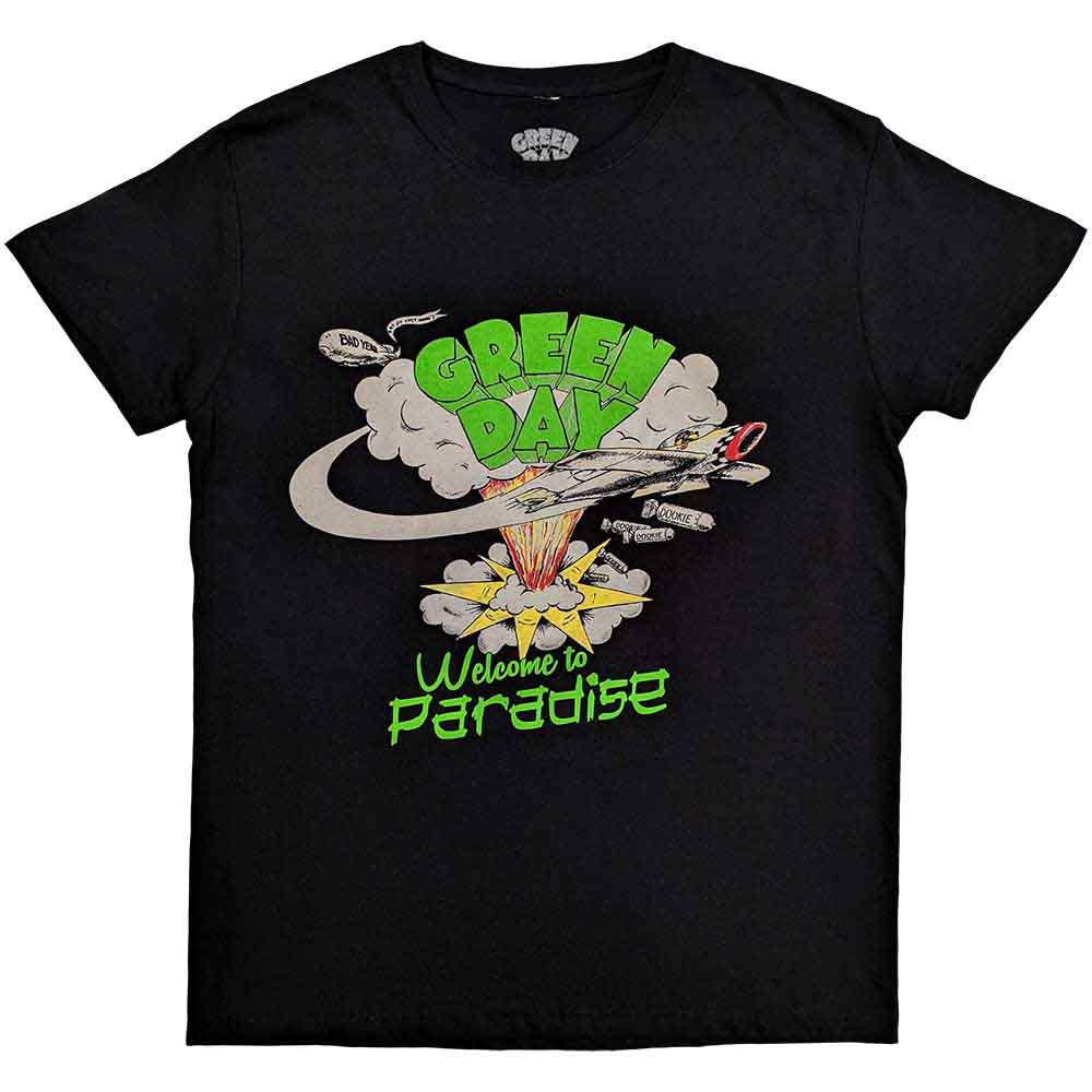 A man wearing a black Green Day Welcome to Paradise graphic t-shirt.