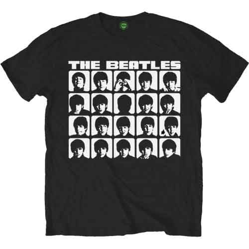 Black t-shirt with a white grid of The Beatles’ faces.