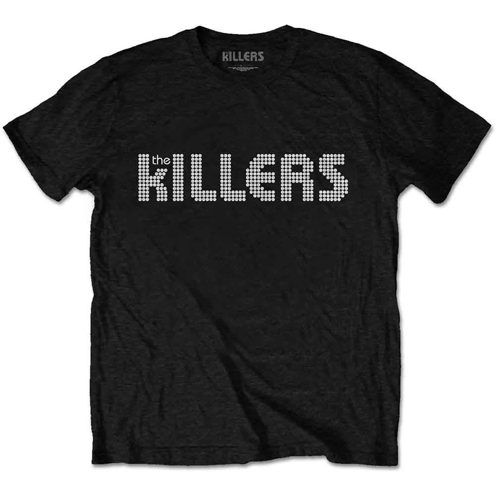 Black t-shirt with “the KILLERS” in a pixelated white design.