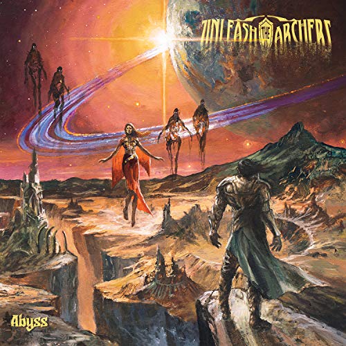 "Album cover art for 'Unleash the Archers - Abyss' featuring a fantasy scene with figures."