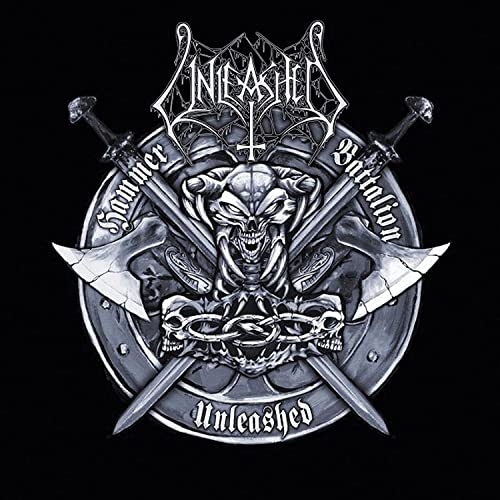 Album cover for Unleashed’s “Hammer Battalion” featuring skull and crossed weapons.