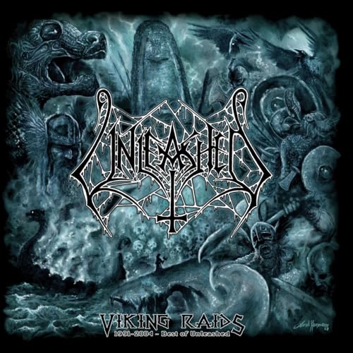 Album cover for “Unleashed - Viking Raids” with Norse imagery.