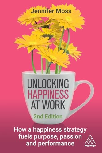 Book cover: "Unlocking Happiness at Work" with a mug of yellow flowers.