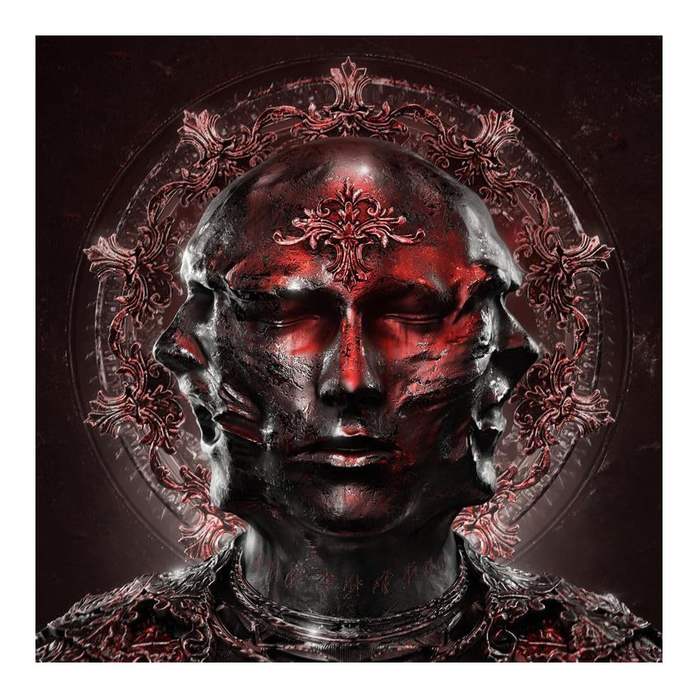 A dark, metallic sculpture of a multi-faced head centered against an ornate circular frame.