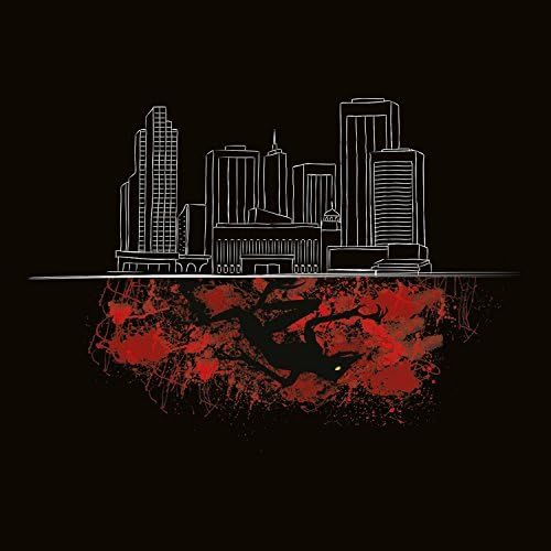 City skyline drawing above red, root-like shapes on black background.