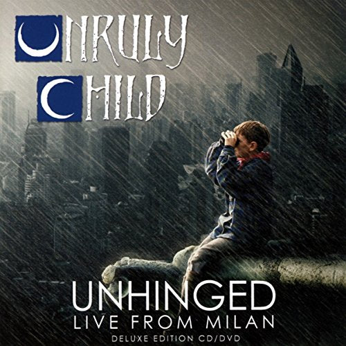 CD cover: boy kneeling in rain, city skyline, "Unruly Child" logo.