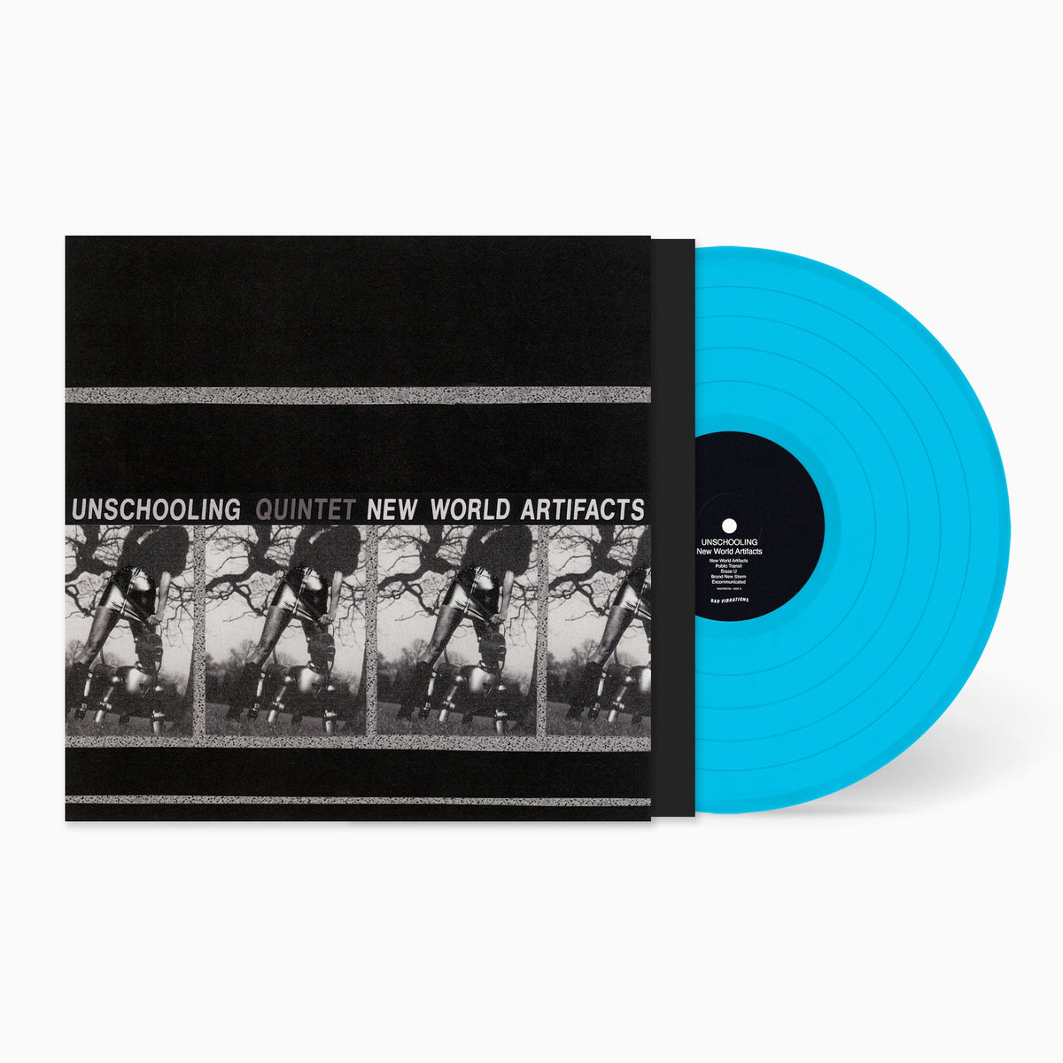 Black vinyl cover with repeating film strip imagery and a bright blue vinyl record.