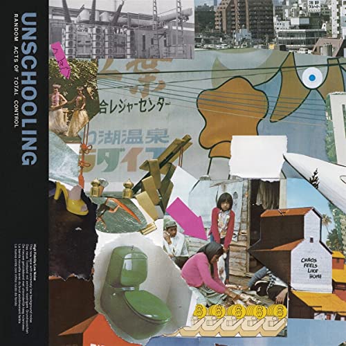 Vinyl album cover for Unschooling, featuring a colorful collage aesthetic.