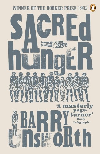 Book cover: “Sacred Hunger” with illustration of chained figures.