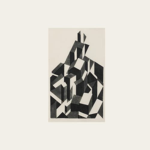 Abstract black and white geometric shapes forming a mountain-like structure on a cream background.
