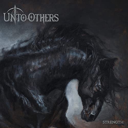 Dark painting of a rearing black horse with white chest, album cover.