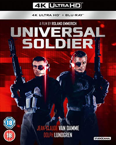 Universal Soldier 4K Blu-ray cover featuring Jean-Claude Van Damme and Dolph Lundgren with rifles.