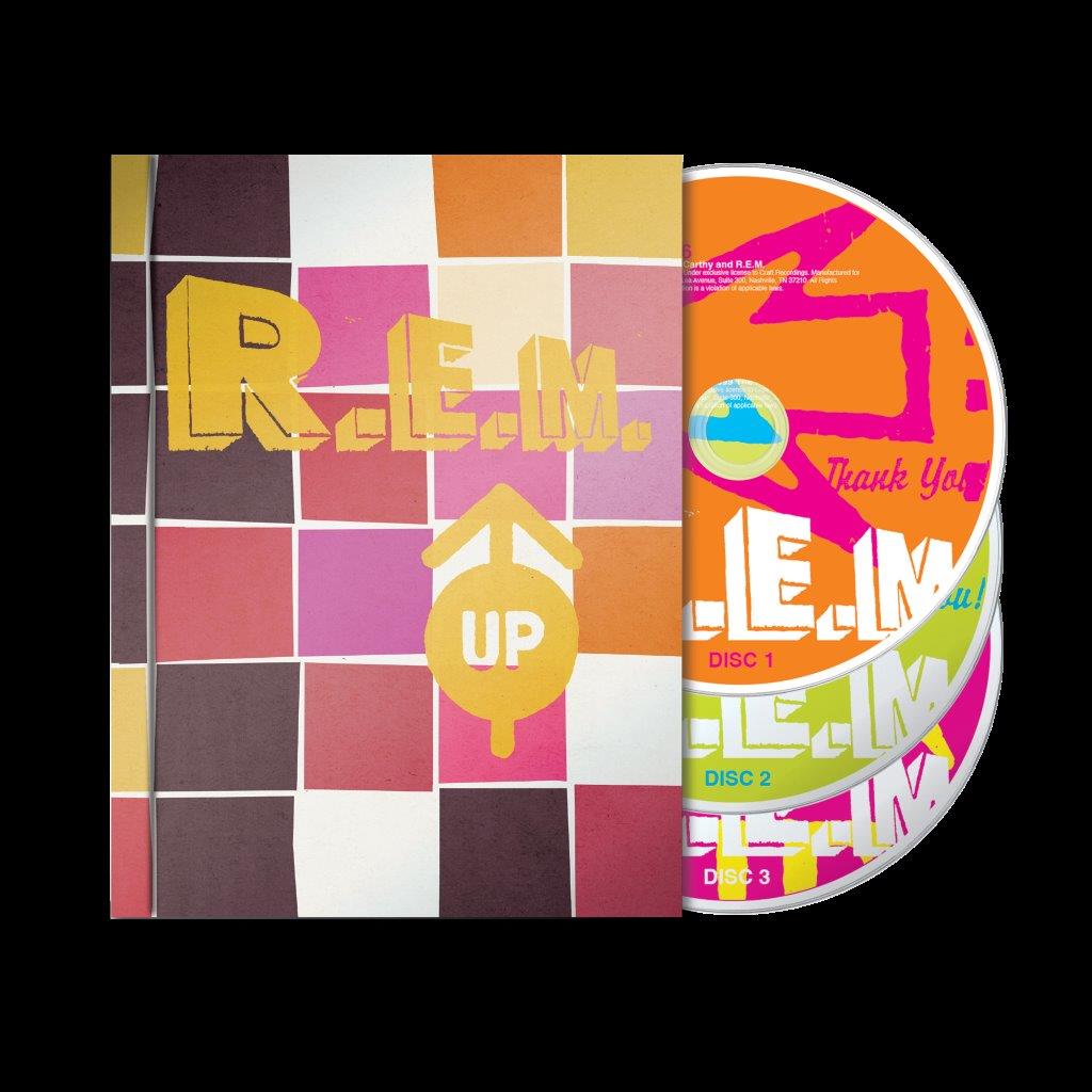 R.E.M.’s “Up” 25th Anniversary Edition CD/Blu-ray with colorful, abstract cover art.