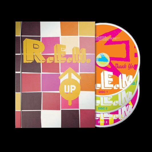 R.E.M.’s “Up” 25th Anniversary Edition CD/Blu-ray with colorful, abstract cover art.