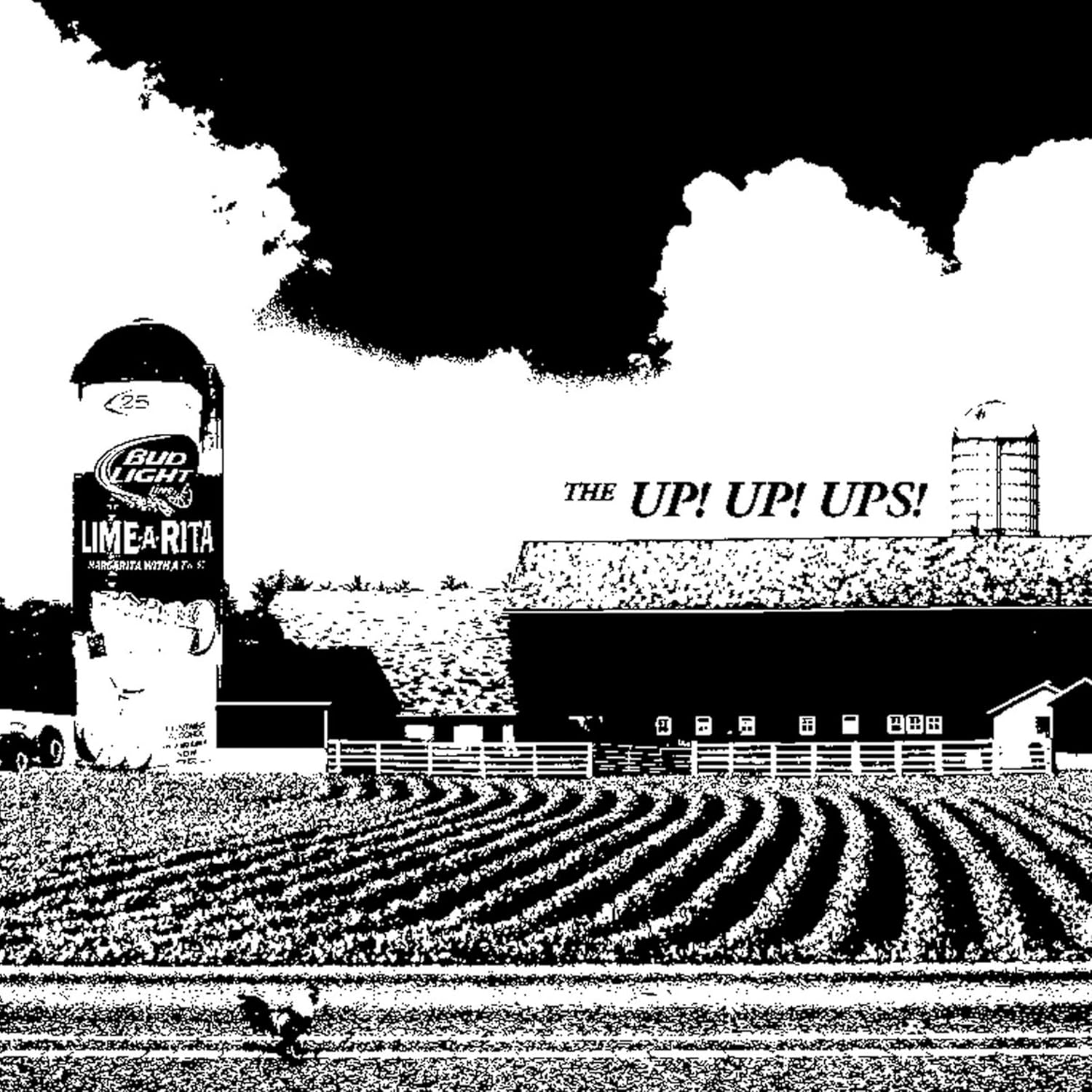Black and white rural landscape with silos, farm, and text “The Up! Up! Ups!”.