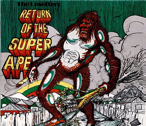 Album cover: red text, illustration of a large, angry ape over a town.