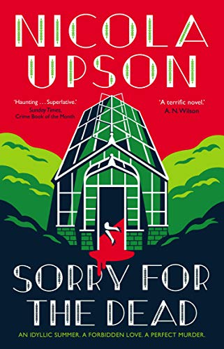 Book cover: red background, greenhouse with a silhouetted figure and red splash.