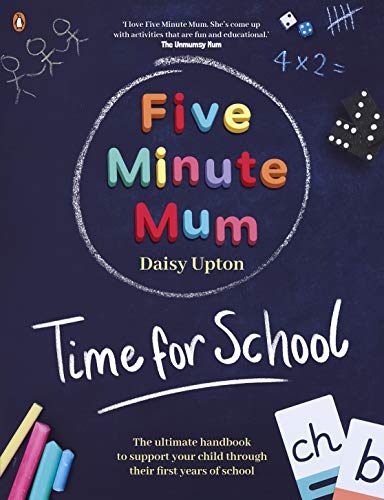 Book cover with colorful title “Five Minute Mum: Time for School” and school doodles.