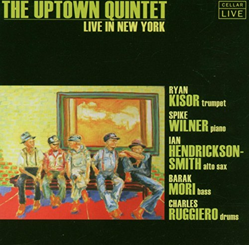 "Album cover with cartoon of five men sitting on a bench, black background."