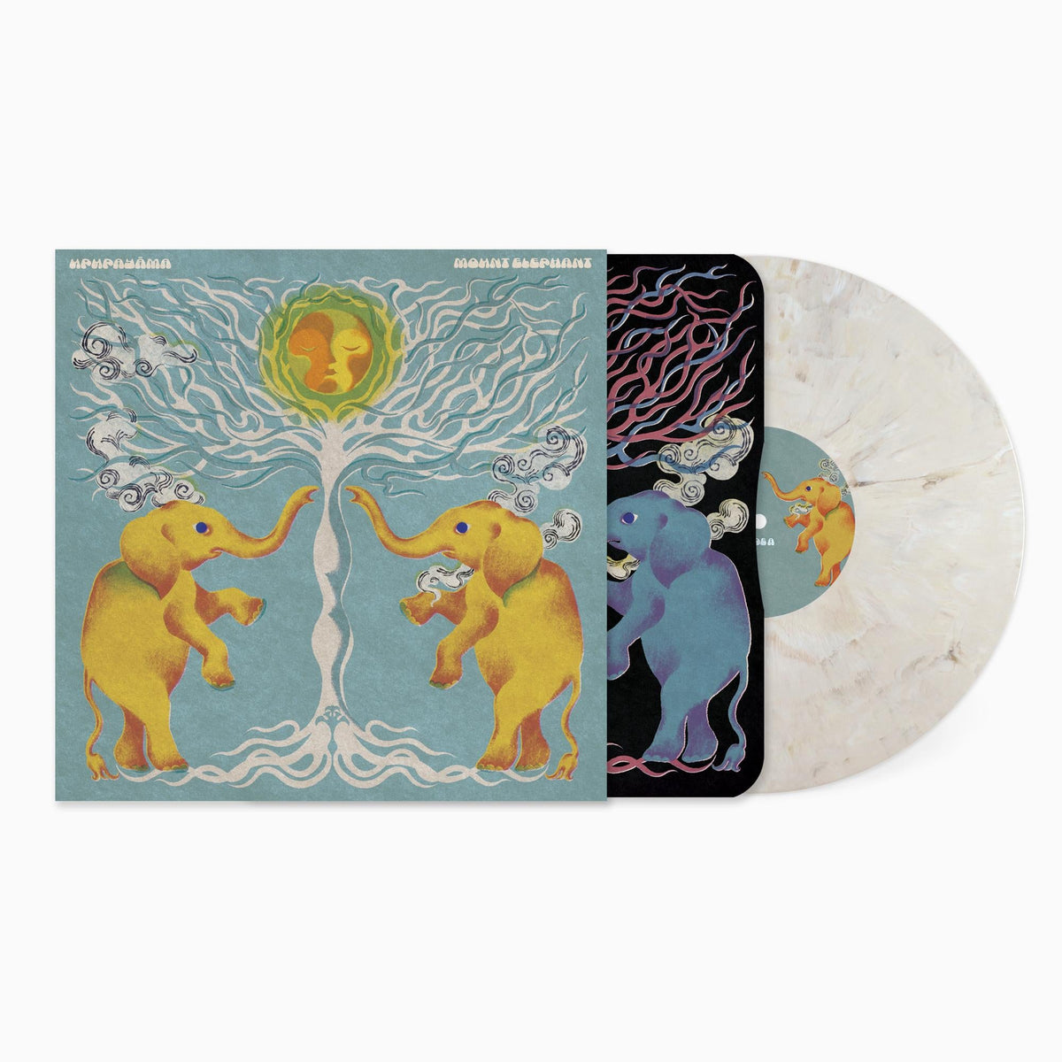 Vinyl record cover with illustrated elephants and a sun-like face.