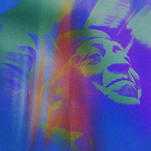 Colorful, distorted portrait of a man with eyes closed, album cover art.