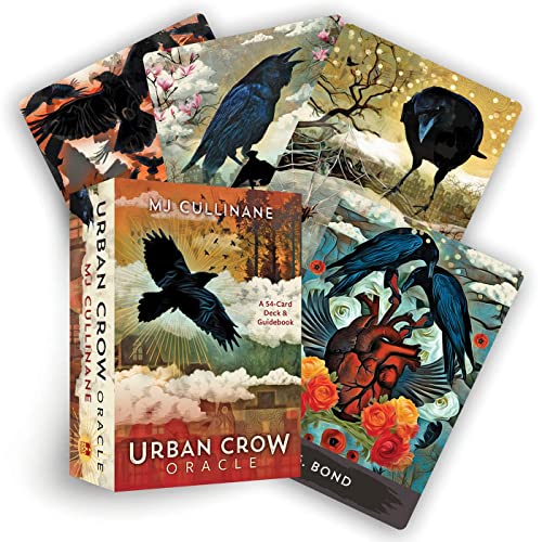 Urban Crow Oracle deck box and several cards featuring artistic illustrations of black crows.