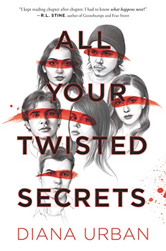 Book cover: faces with red slashes and the title "All Your Twisted Secrets.