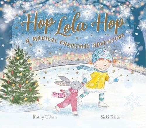 Girl and bunny ice skating beneath falling snow and a Christmas tree.