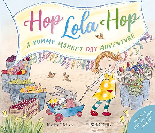 Girl with rabbit at a market stall, illustrated children's book cover.
