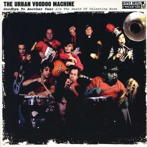 The Urban Voodoo Machine band members posed with various musical instruments against black background.
